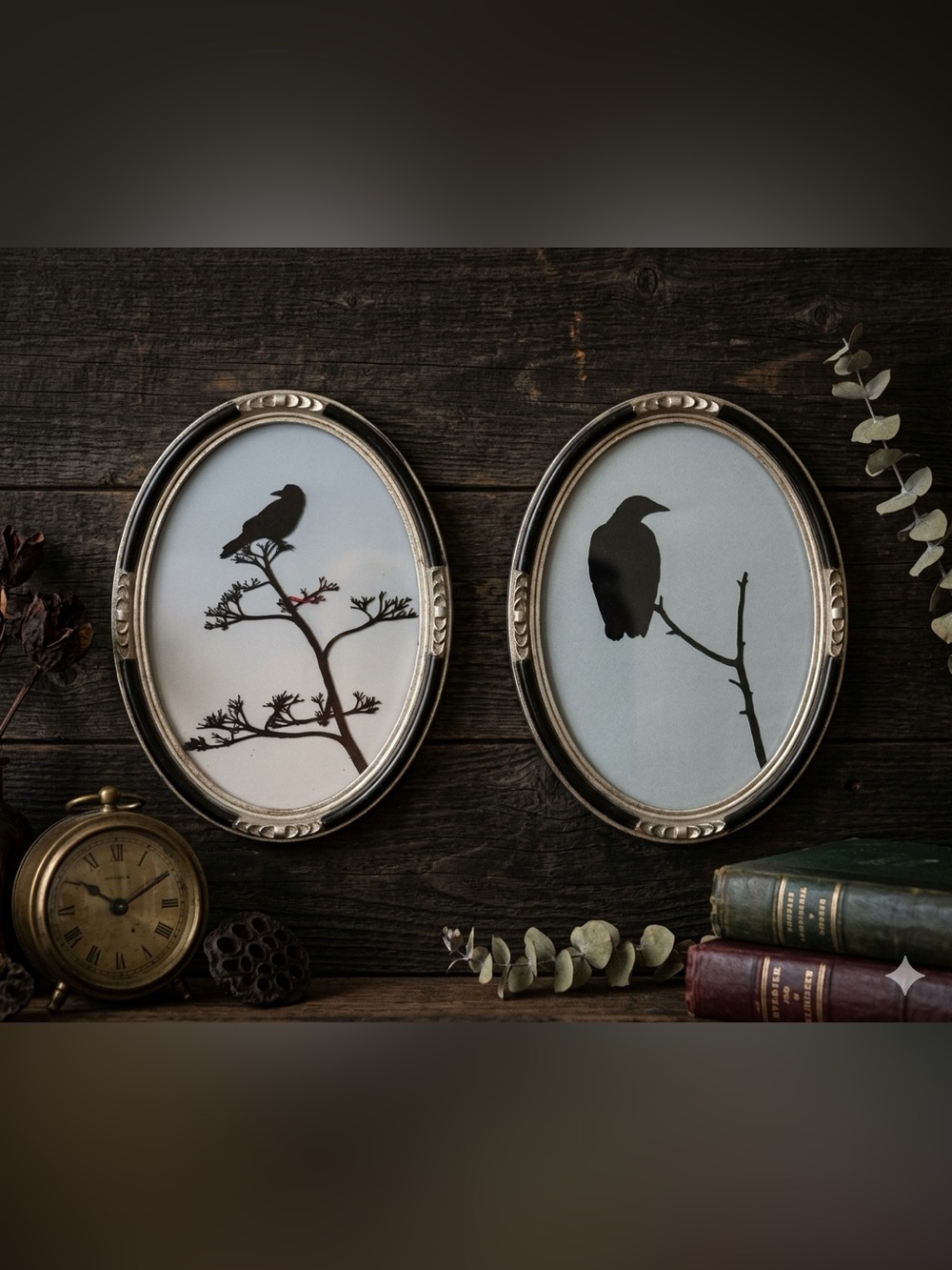 Framed silver tone & Black oval Silhouette Bird Wall Art Pair